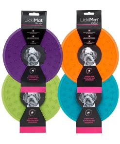 LickiMat Splash aktivointikuppi neljä eri väriä. Violetti, oranssi, vihreä ja turkoosi.