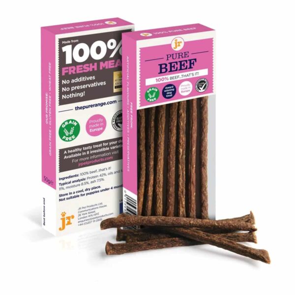 JR Pet Pure Nautatikku sisältää 100 % naudanlihaa, ei muuta. Kätevä 50 g pakkaus.