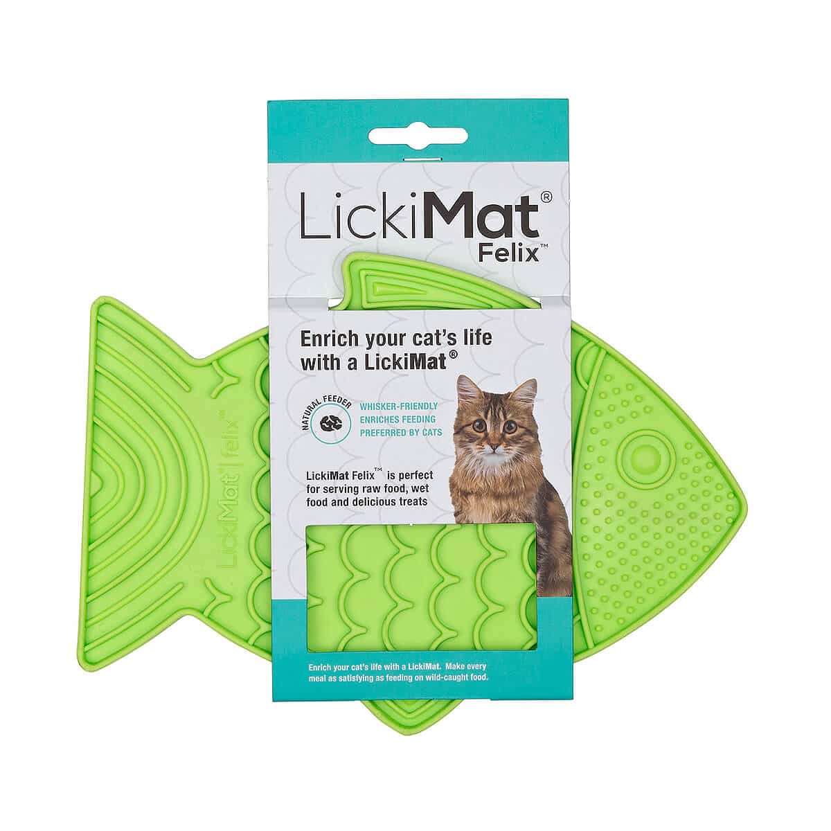 LickiMat Felix kissan aktivointimatto. Myyntipakkaus, vihreä nuolumatto.