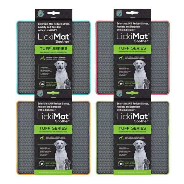 LickiMat Soother Tuff aktivointimatto neljä eri värivaihtoehtoa myyntipakkaukset.