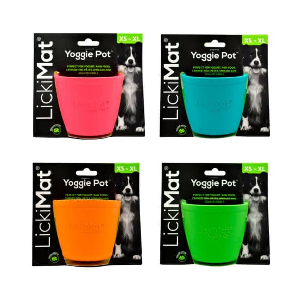 LickiMat Yoggie Pot aktivointikuppi, neljä eri väriä. Oranssi, pinkki, turkoosi, vihreä.