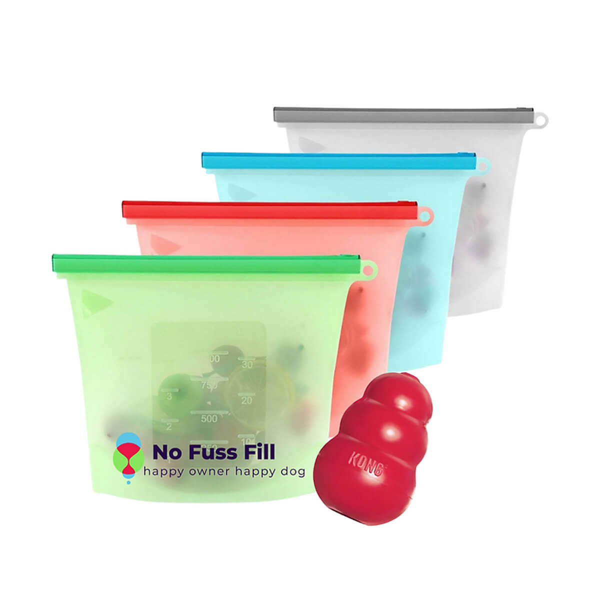 No Fuss Fill silikonipussi on kätevä apuväline säilyttää lemmikin herkut ja ruokalelut siististi jääkaapissa, pakastimessa sekä kuljettaa matkoilla.