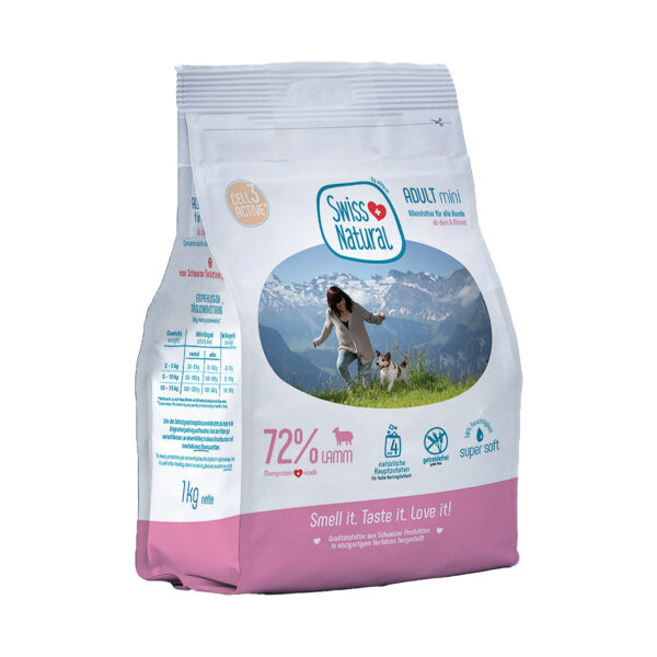 Swiss Natural Adult Mini lammas -täysravinto, viljaton monoproteiininen nappula aikuisille koirille. 1 kg pakkaus.