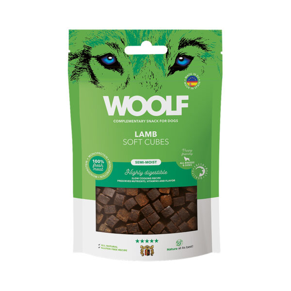 Woolf pehmeät lampaan lihakuutiot koirille, 100 g pakkaus.